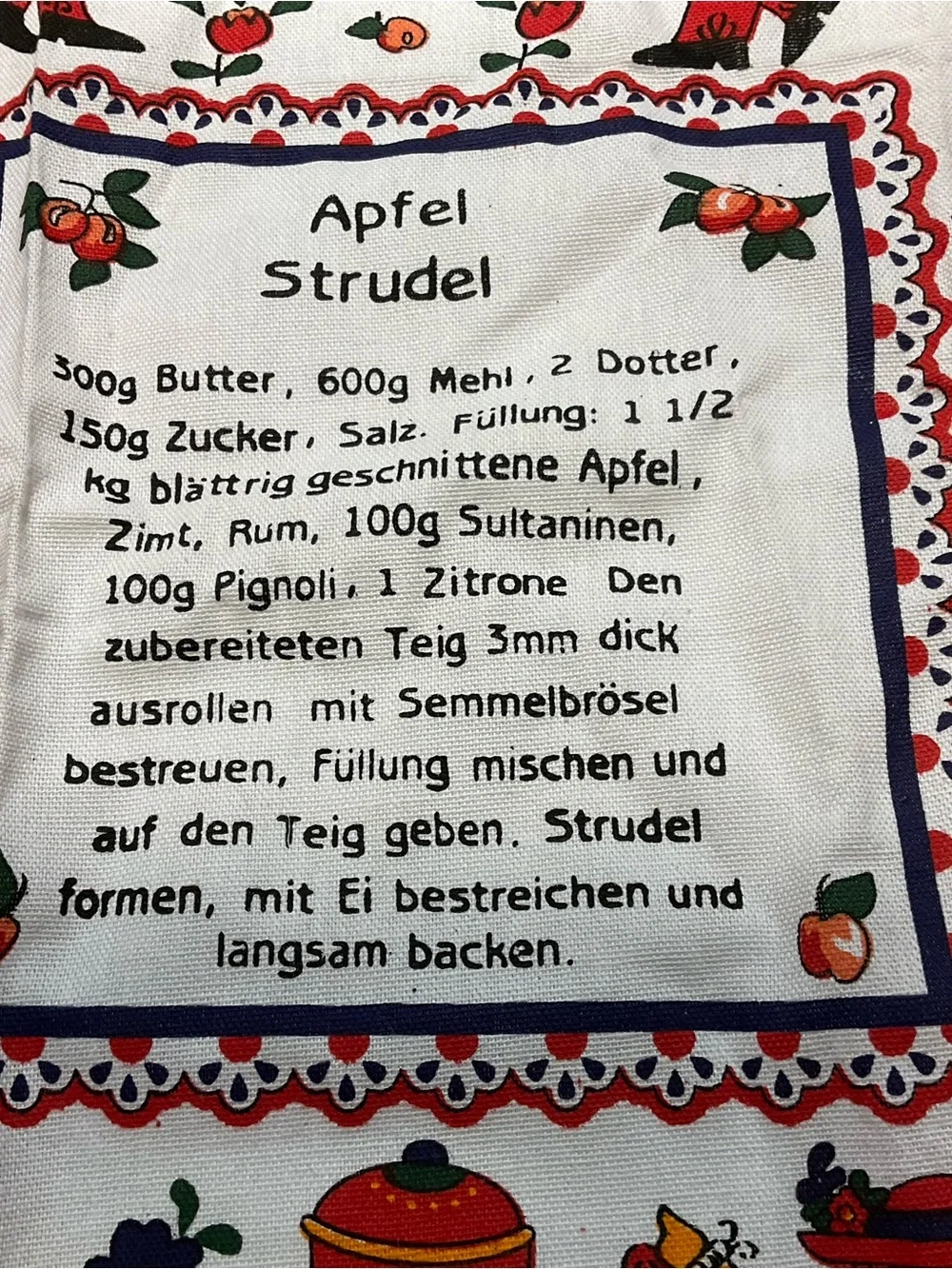 Vintage Baumwolle Applestrudel Recipe Kitchen Tea Towel Austria Folk Art Alpine